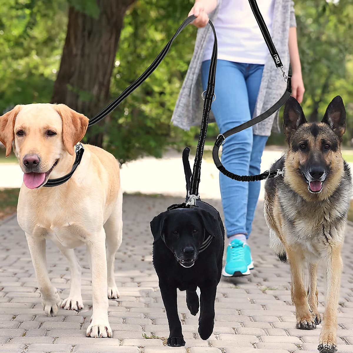 ETACCU Doppio guinzaglio a mano libera con guinzaglio 3 m, per cani di medie dimensioni fino a 50 kg, robusto manico antiscivolo, senza grovigli, riflettente (nero)