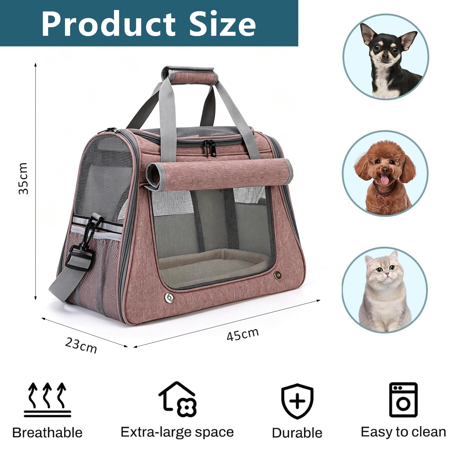 Katzentransporttasche Atmungsaktiv - Transportbox Katze Faltbar für Kleinhund Cat Carrier mit Schultergurt Tragetasche für Auto Reise Flugzeug bis 9kg 45 x 23 x 35 cm Rosa