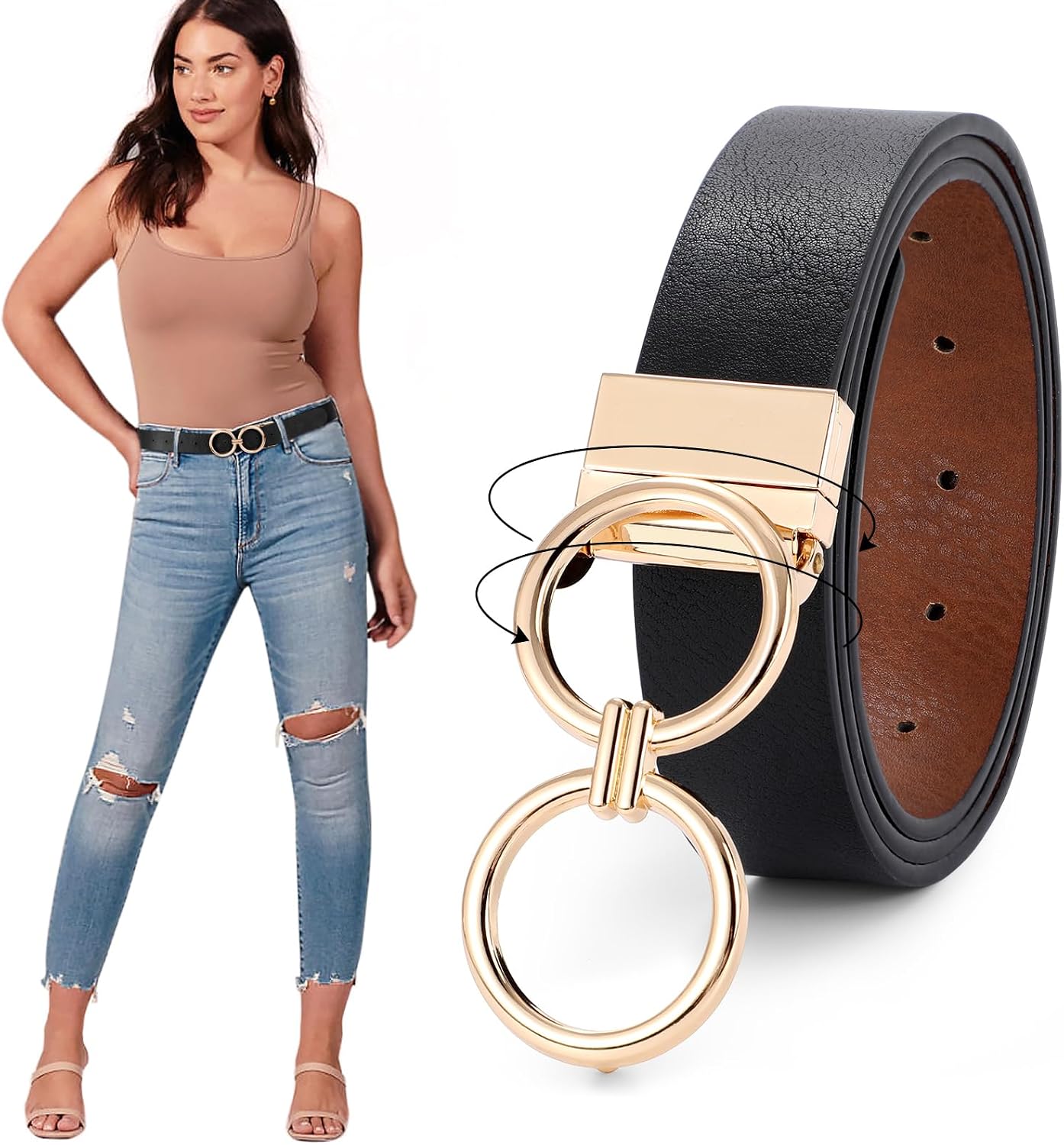JASGOOD Women Leather Belt,Reversible Belt,Leather Waist Belt for Jeans Dress with Gold Double O Ring Rotate Buckle
