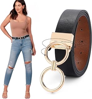 JASGOOD Women Leather Belt,Reversible Belt,Leather Waist Belt for Jeans Dress with Gold Double O Ring Rotate Buckle