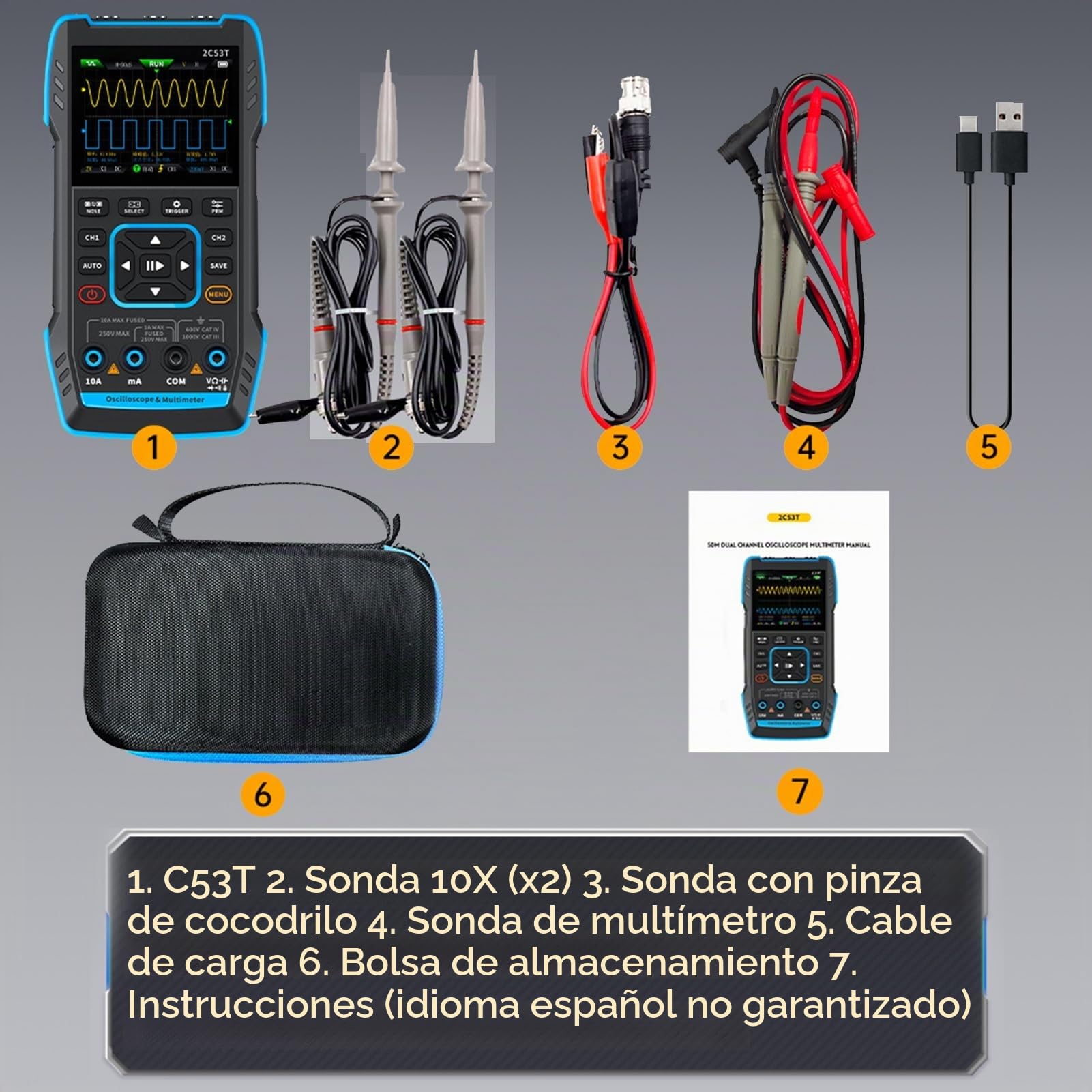 Jadeshay Osciloscopio Digital Osciloscopio Portátil 2C53T Generador de Señal Portátil de 2 Canales con Ancho de Banda de 2 × 50 MHz Frecuencia de Muestreo de 250 MS/s Exportación de Datos