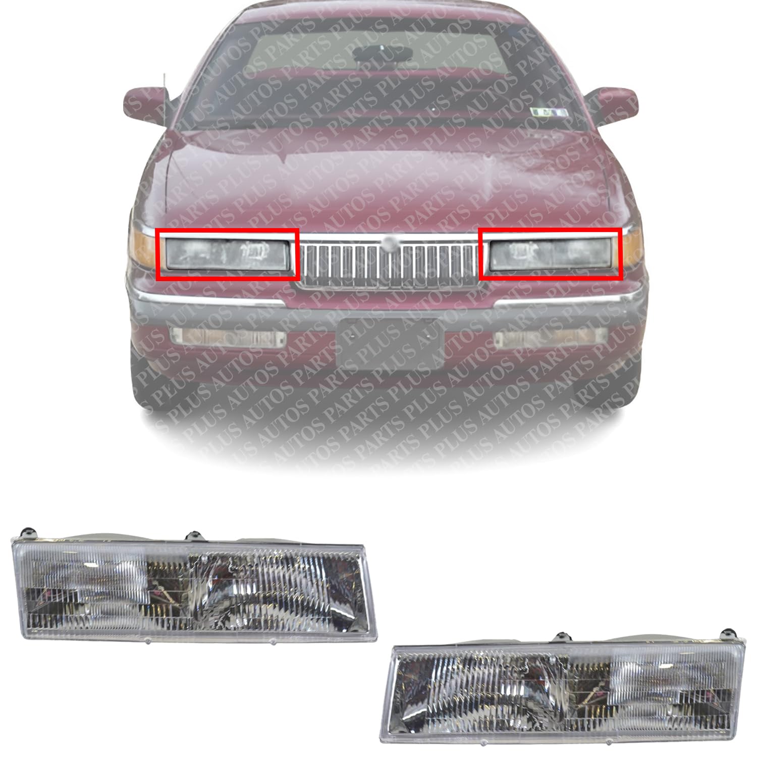 AUTOS PARTS PLUS Set Of 2 Front Headlights Assembly Right Passenger & Left Driver Side Direct Replacement Compatible With 1989-1990 Mercury Cougar /