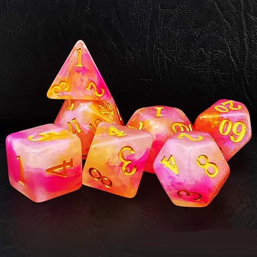 Bescon Juego de dados de piedra mágica, 7pcs Poliédricos RPG dados Set RoseQuartz, embalaje de la caja de ladrillo Piedra del aura en bolsa de