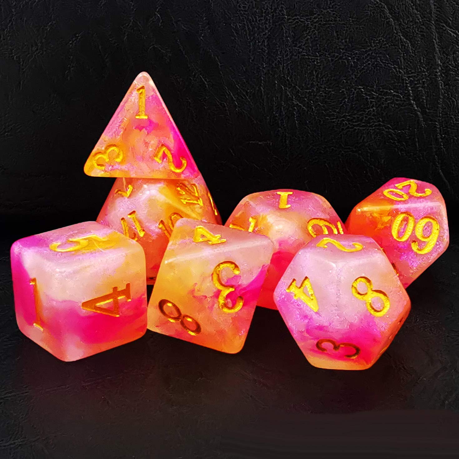 Bescon Magical Stone Dice Set Series, 7pcs Polyhedral RPG Dice Set RoseQuartz, Polybag Packing