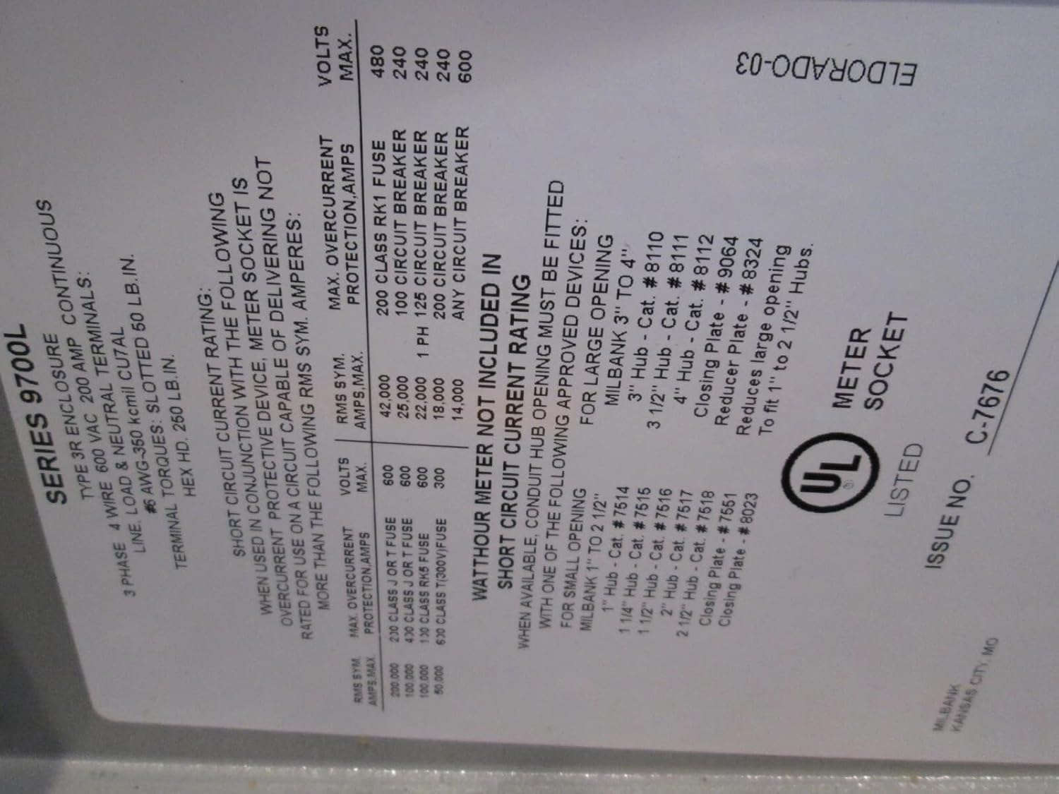 Milbank 200 amp 3 phase meter socket with bypass U9701-XL-QG-BLG-AEPU
