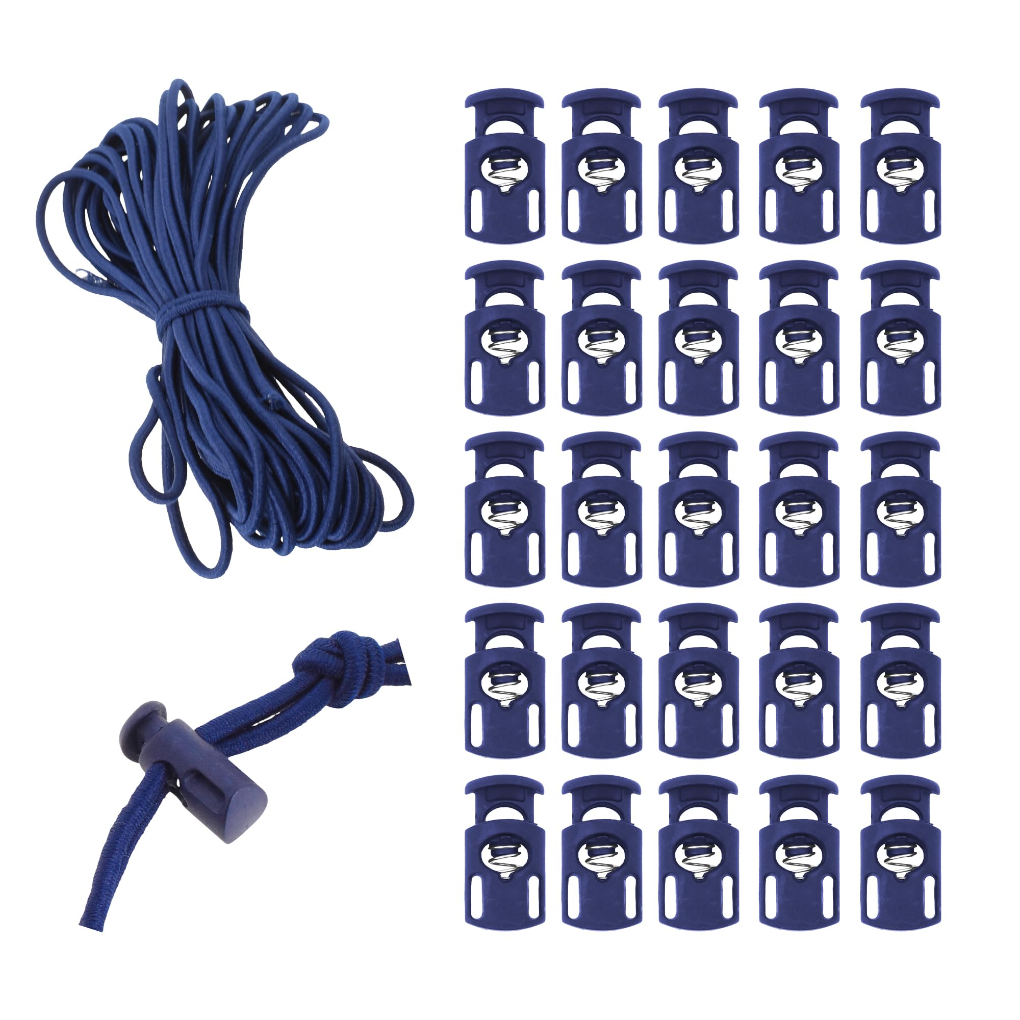 Mandala Crafts Navy Shock Cord & Plastic Cord Locks for Elastic Drawstring Clips - Bungee String & Spring Toggle Cord Ends Stopper Clamps for Shoelace
