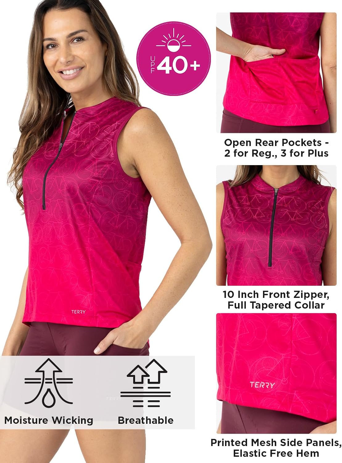 Terry Breakaway Mesh Sleeveless Cycling Jersey Women UPF 40+ 10 Inch Front Zip Relaxed Fit Tank Reg. & Plus Sizes