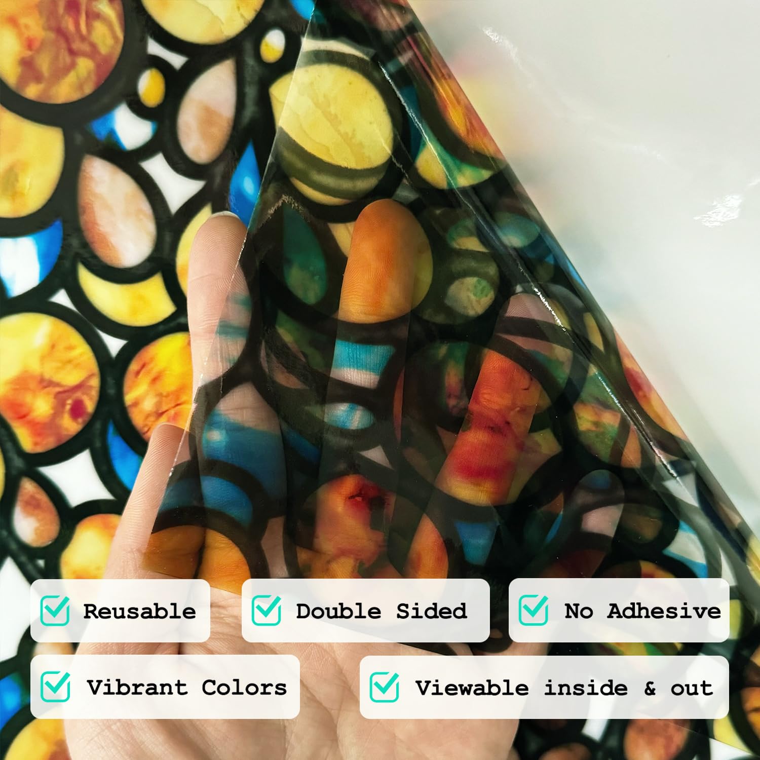 ChicSkin Original Hand Drawn Faux Stained Glass Window Hanging Clings?Double Sided See Through Green Window Film Floral for Living Room,Glass Front Door,Boho Sunset Vine 31.5