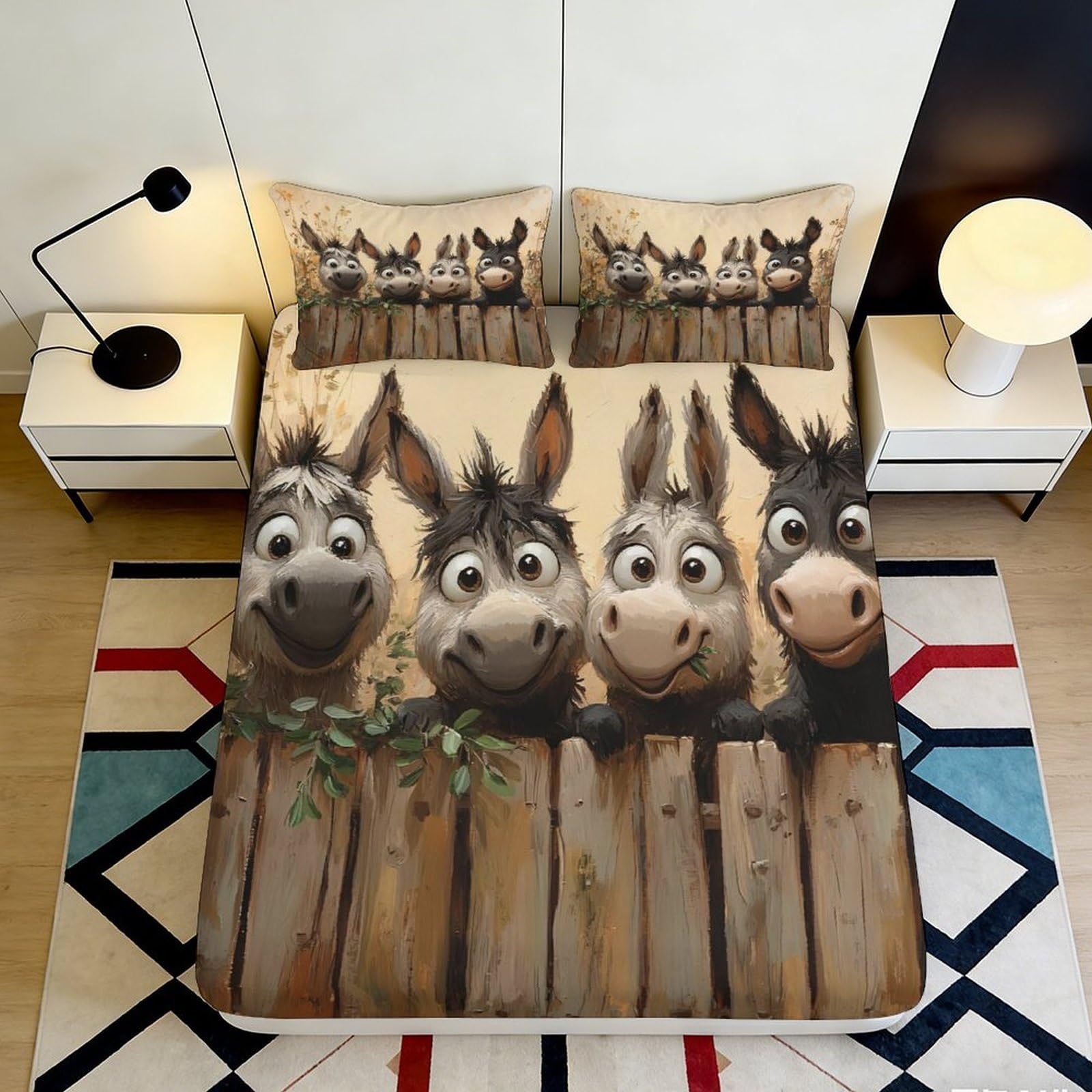 3D Printed Cartoon Donkey Fitted Sheet Microfiber Soft Farm Animal Bed Cover for Bedroom Guest Room Dorm Decor 90x200x25cm