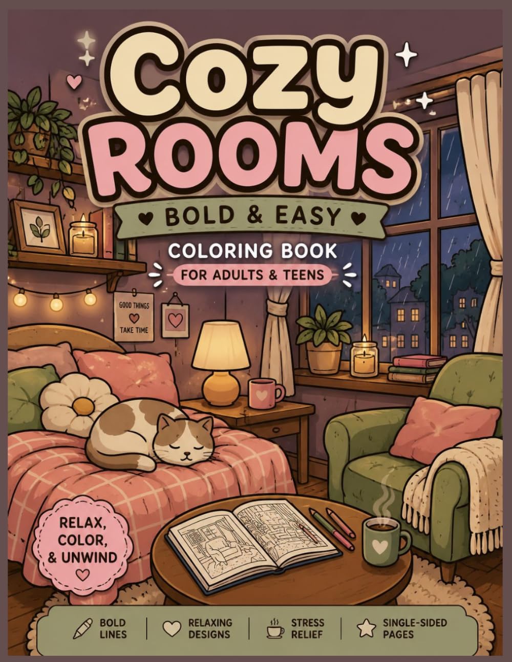 Cozy Rooms: Bold & Easy Coloring Book for Adults & Teens