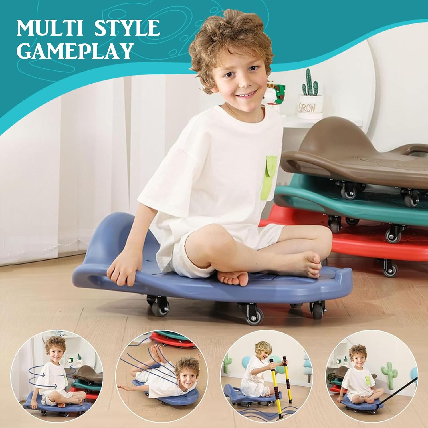 large scooter board for kids, plastic floor scooter board with handles and buckle, gym scooters for indoor outdoor sports,sensory training blue