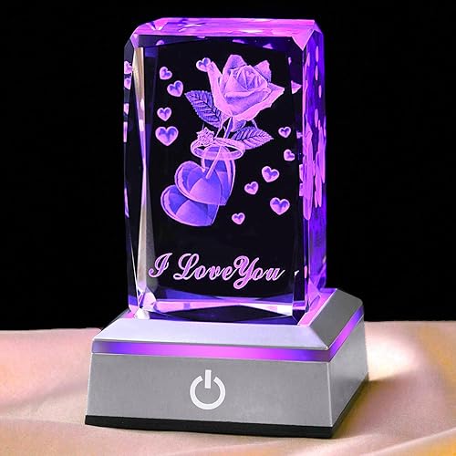 Miniatura 16 de Hochance - Lámpara de noche de cristal de rosa 3D con luces LED multicolor ajustables para novia, esposa - Regalos para el día de San Valentín