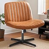 Criss Cross Legged Chair Wide Comfy Home Office Desk Seat, No Wheels Armless Computer Task Seating, Swivel Vanity Chair Height Adjustable for Makeup Bedroom, Leather Brown