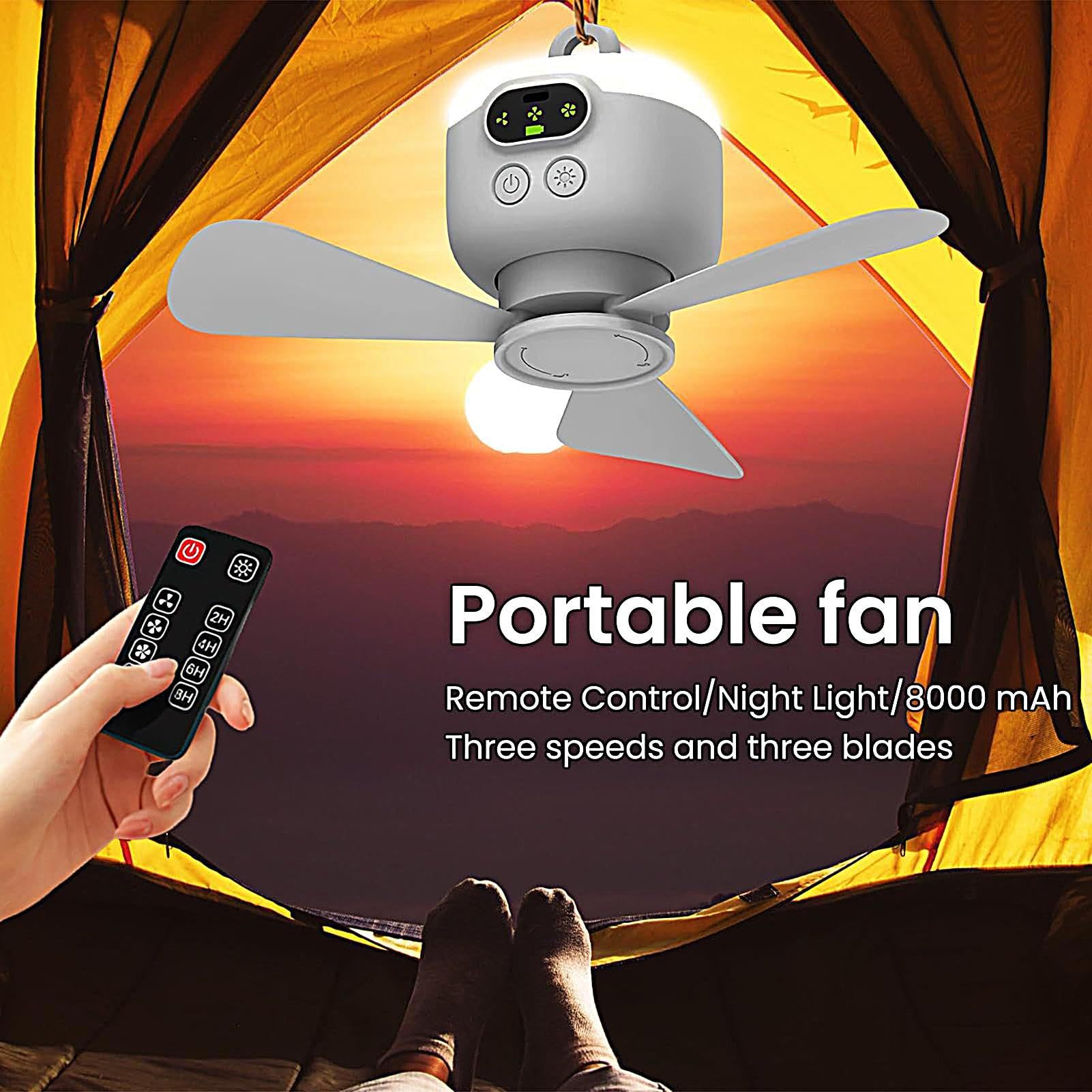 Ventilatore da campeggio Ricaricabile via USB, 4 Velocità Regolabili | Ventilatore da Campeggio con Luce Integrata per camper, viaggi all'aperto, auto, furgone camperizzato, pesca, spiaggia