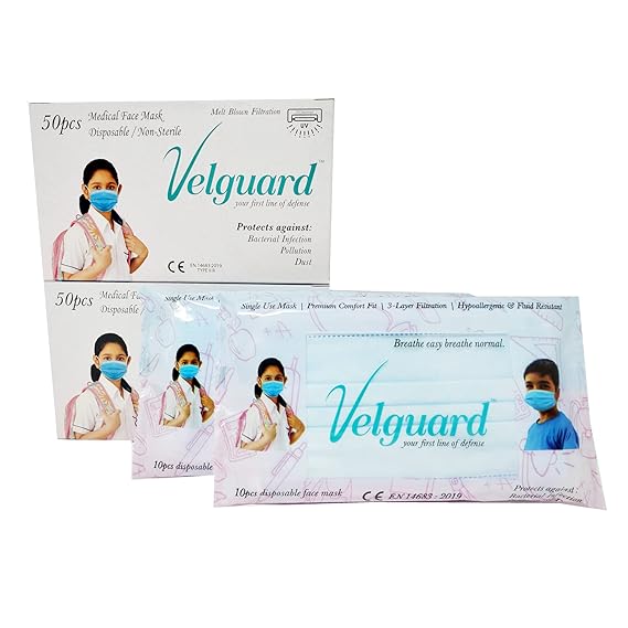 Velguard Childrens 3 Ply Surgical Mask - Kids Disposable 3 Layer Surgical Face Mask With Melt Blown Filtration