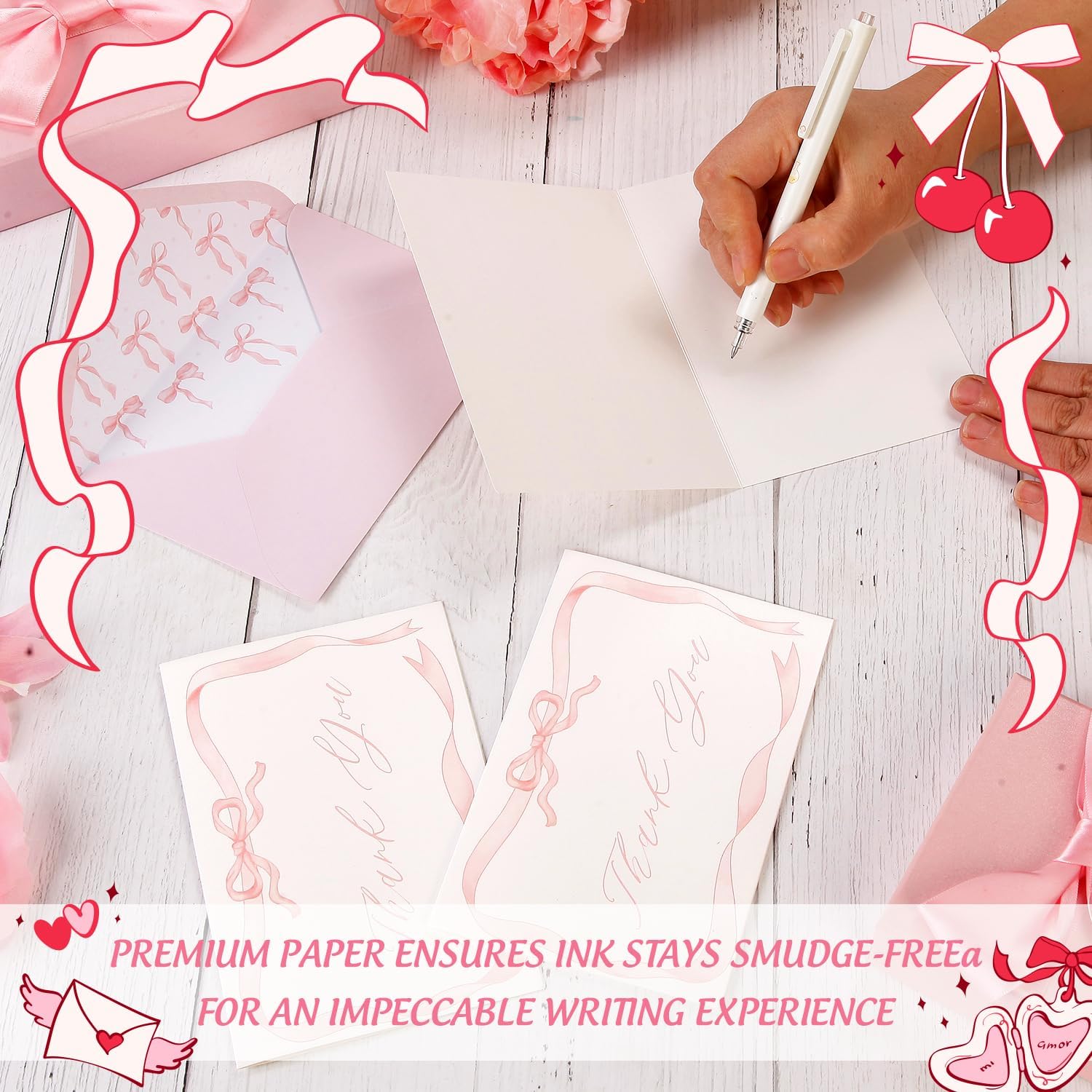 Quera 24 Pack Pink Bow Thank You Cards Coquette Bow Greeting Cards with Envelopes Stickers Watercolor Greeting Cards Pink Blank Note Cards for Wedding Bridal Baby Shower Birthday, 4 x 6 Inch - Image 3