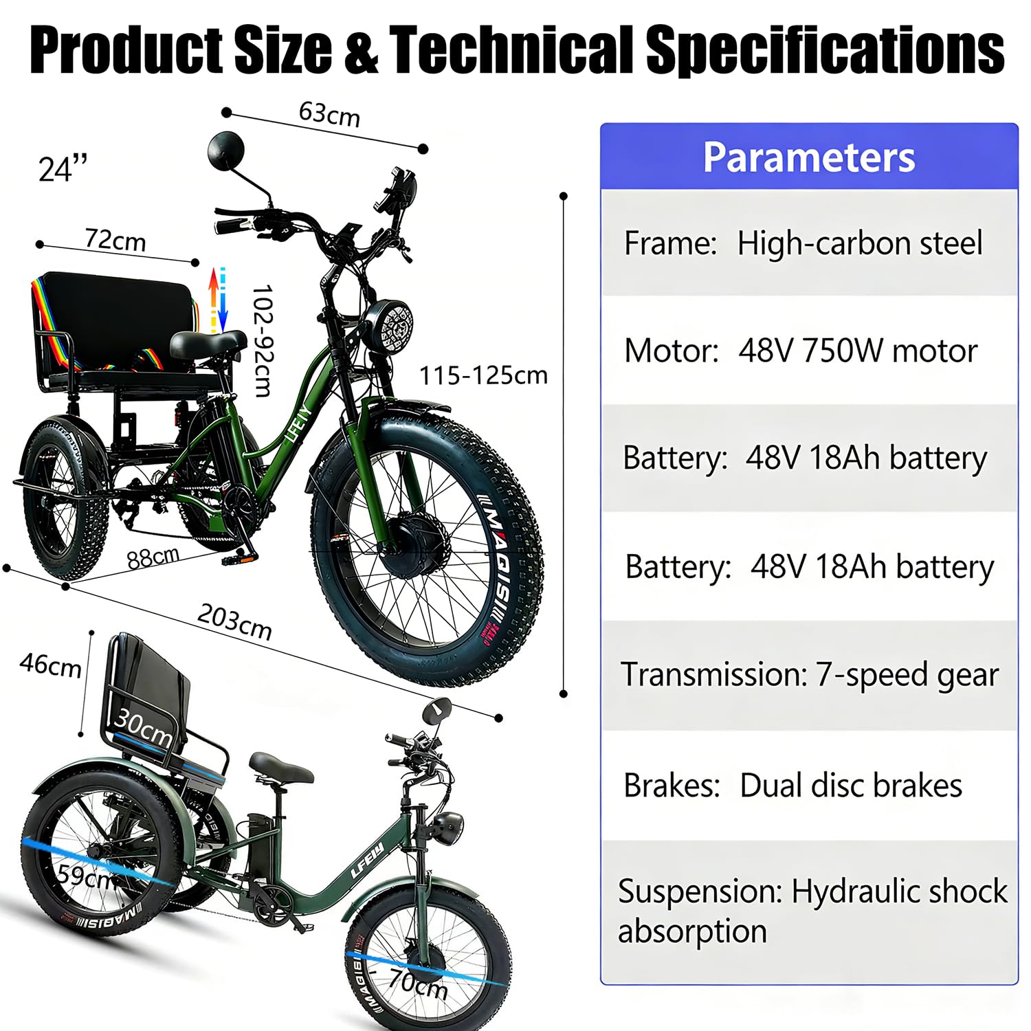 Triciclo Elettrico Adulti,18Ah Lunga Autonomia, Veicolo Elettrico a Tre Ruote Stabile con Cestino Posteriore, 7 velocità, Freni a Disco, per Spesa, Pendolarismo e Tempo Libero Black