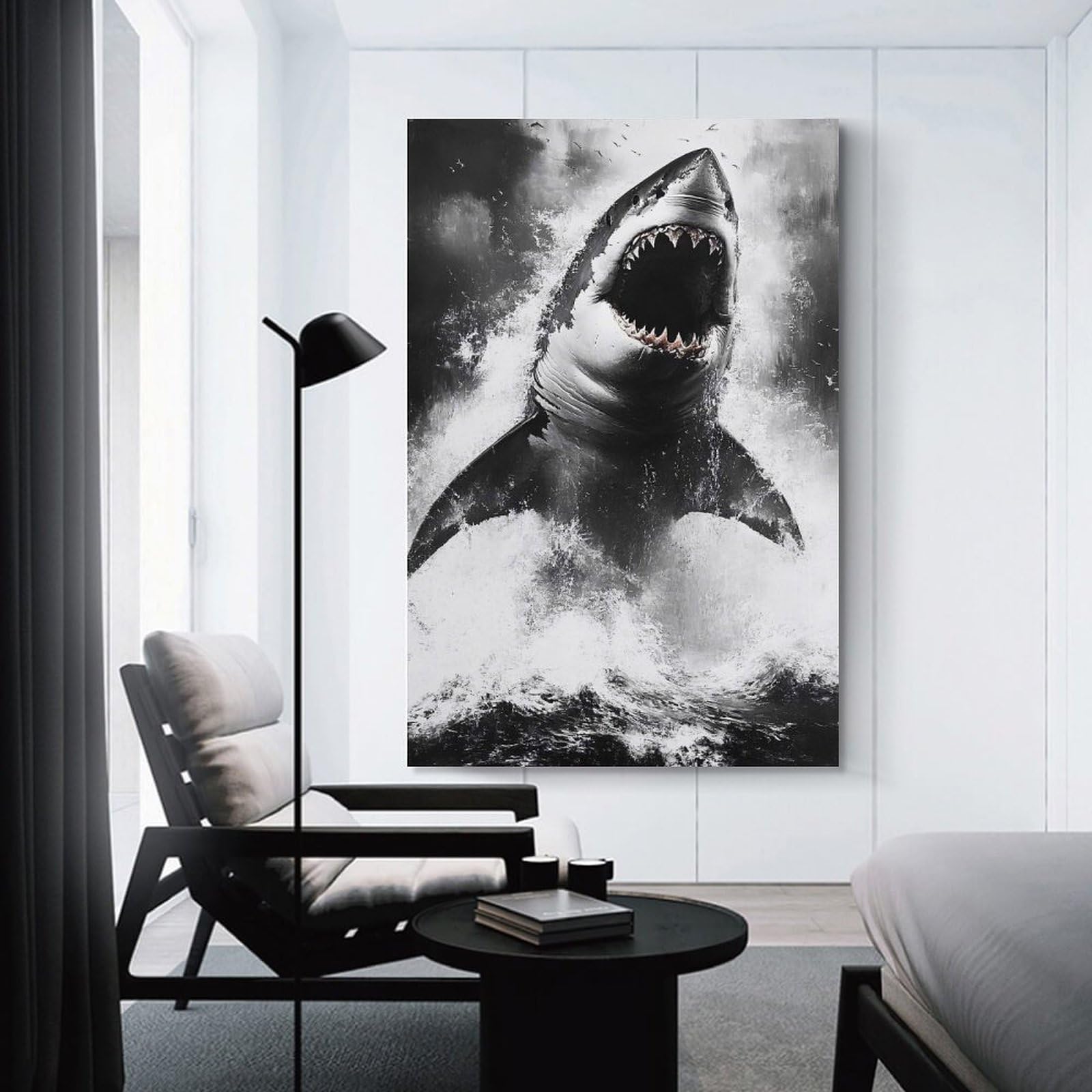 Junmoney Unframe-Style-3-1 Great White Shark Breaching The Ocean Canvas Wall Decor 24X36inch(60X90cm), For Flats, Guest Rooms Or Compact Rooms, Home Artwork For Modern Interiors