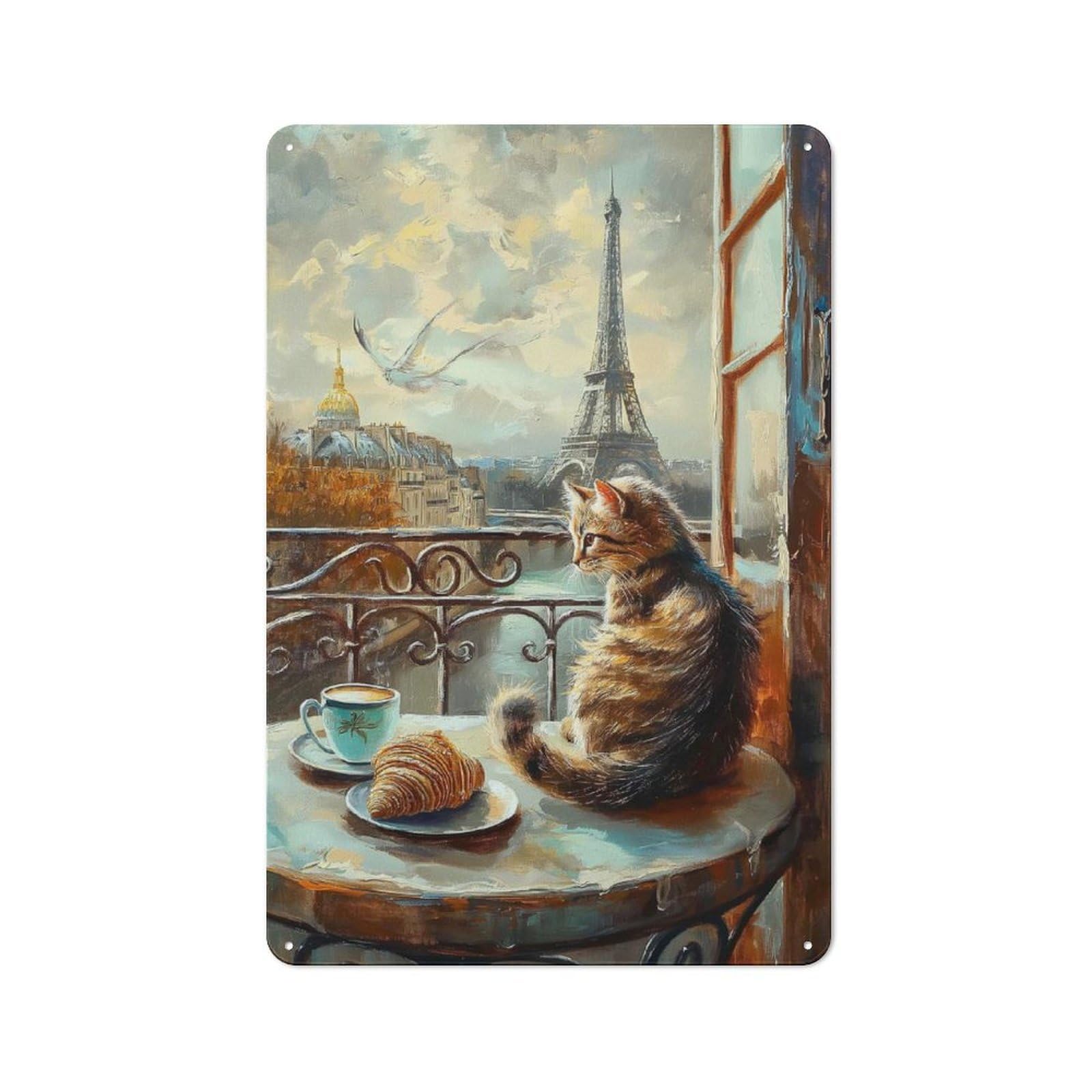 Junmoney Style-6 Tin Sign With Cat With Croissant In Paris Painting Design 30X20cm, Understated Studio Wall Plaque For Hobby Room, Office, Lounge Or Living Room
