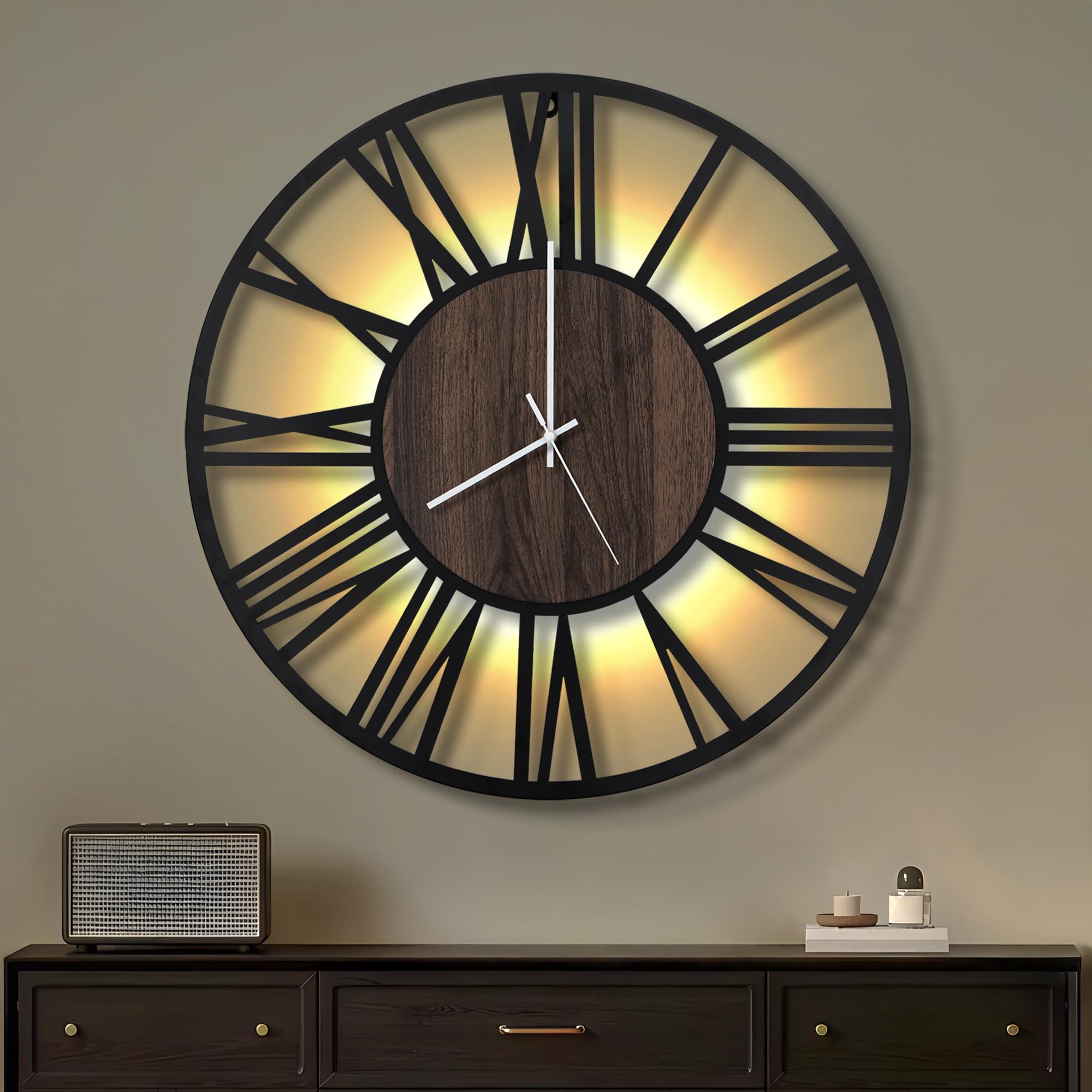 Maxstar 50CM Große Wanduhr Für Wohnzimmer, Batteriebetrieben,Still, Nicht Tickend, Holzstil, Moderne LED-Wanduhr Für Schlafzimmer, Garage, Büro, Esszimmer, Küchendekor (Römische Ziffern, Schwarz-20)