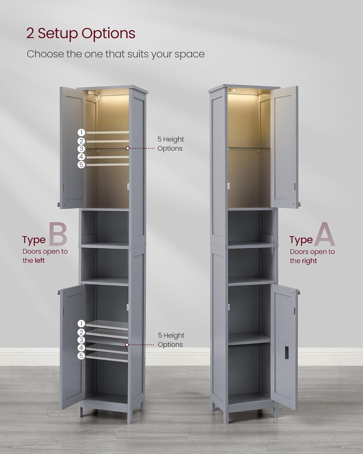 Diagram showing two setup options for the cabinet doors, opening to the left or right, with adjustable shelf height options