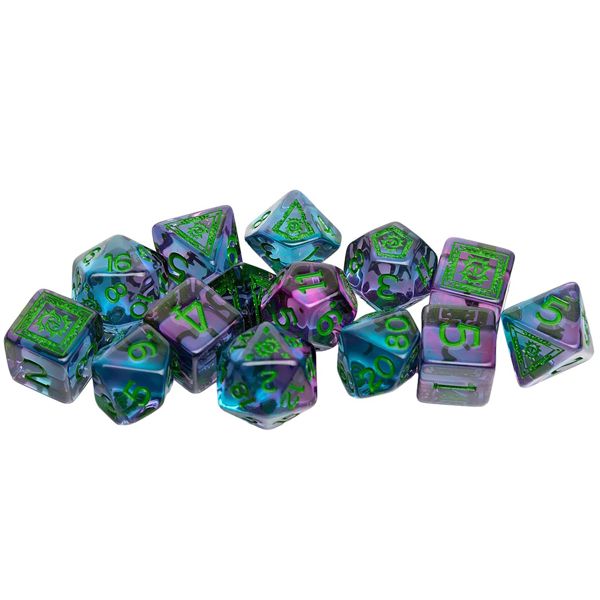 Dungeons & Dragons: D&D Adventure Dice - Warlock: Purple & Green - Set di 14 pezzi RPG, simboli di classe, accessori per giochi di ruolo da collezione, Sirius Dice