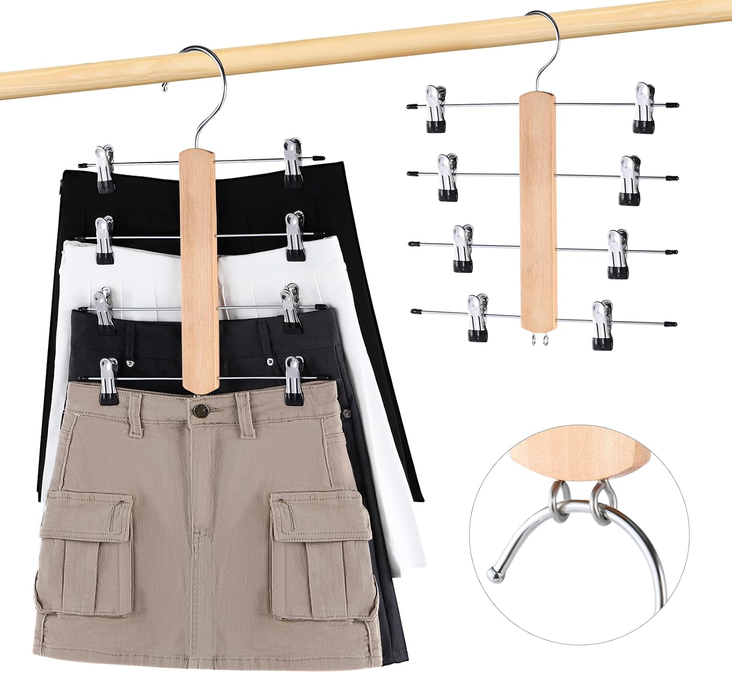 VANZAVANZU Pants Hangers with Clips, Space-Saving 4-Tier Skirt Hangers, 360° Swivel Pant Hangers with Movable Clips, Stainless Steel & Wood Clothes Hangers, for Dorm Rooms & Apartments, 2-Pack
