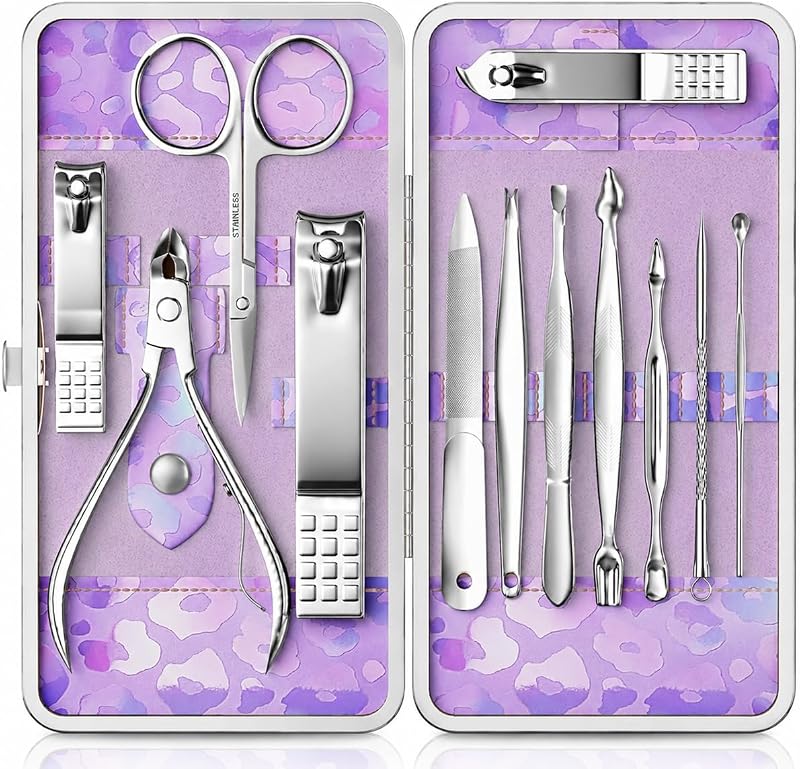 Set de manicura, cortaúñas de acero inoxidable con estuche de viaje | Juego de 12 piezas con acero más grueso, filos de corte rectificados con precisión y herramientas con acabado suave para un recorte limpio y preciso.