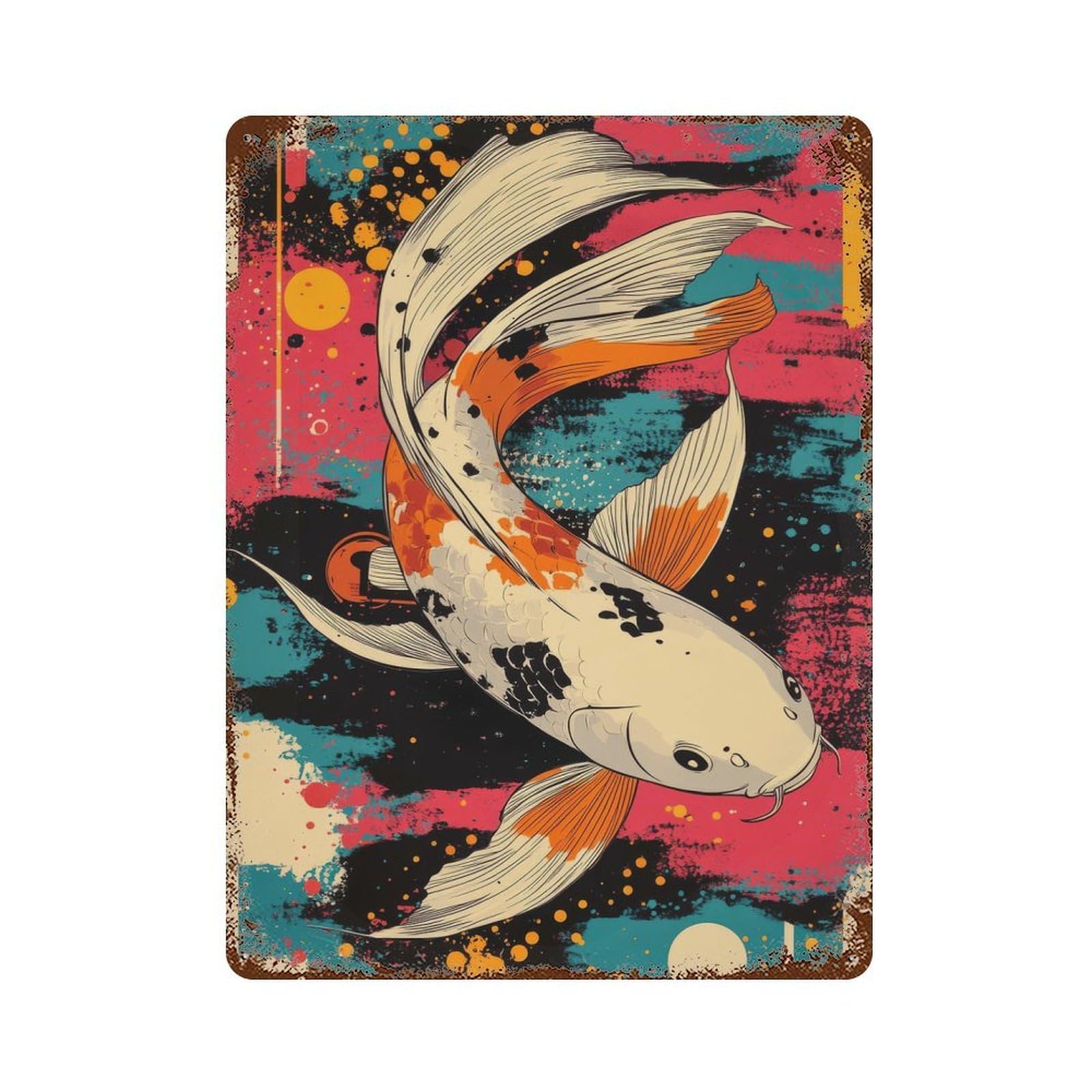 Koi Fish Abstract Art White Koi Fish Rust Effect Tin Sign 15.7"x11.8", Rustic Home Decor for Garage, Bar And Workshop Decor