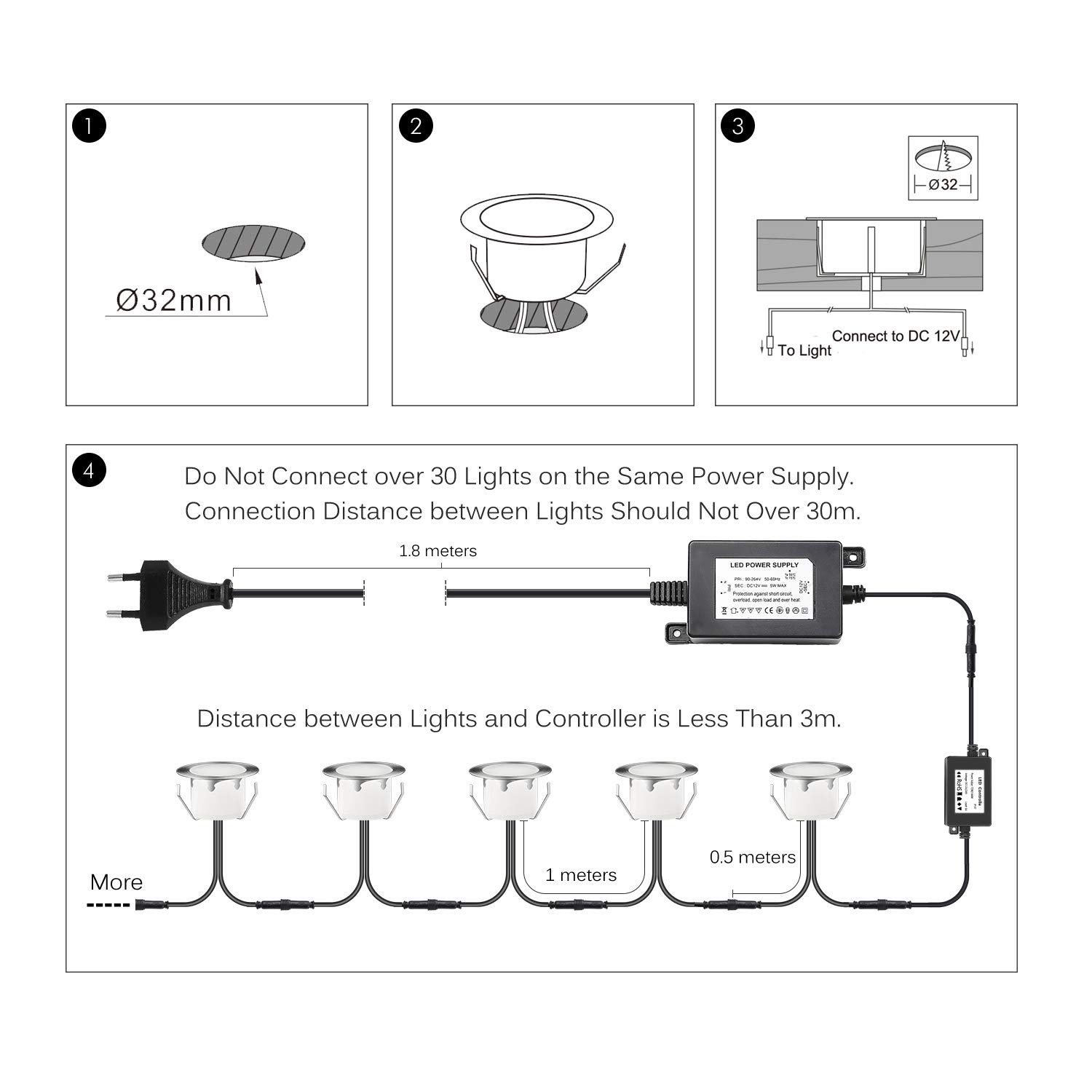 10 KiT Reflektory LED wpuszczane zewnętrzne IP67 do montażu na tarasie, drewno sufitowe 0,2 W ~ 0,5 W DC12V wodoodporne białe światło zestaw mini reflektor LED lampa zewnętrzna RGB