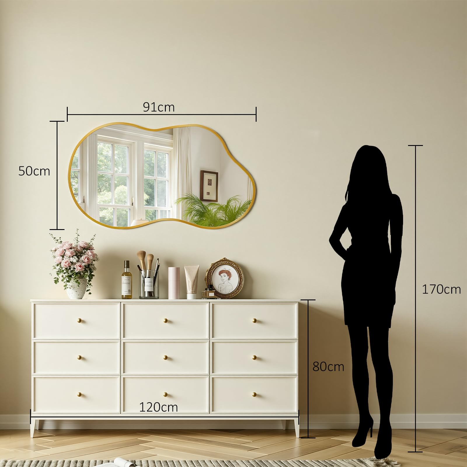 MAMIZO Miroir asymétrique, 50 x 91 cm, miroir mural de forme irrégulière, verre trempé, cadre en aluminium, miroirs décoratifs, miroir de maquillage unique, miroir de salle de bain, doré