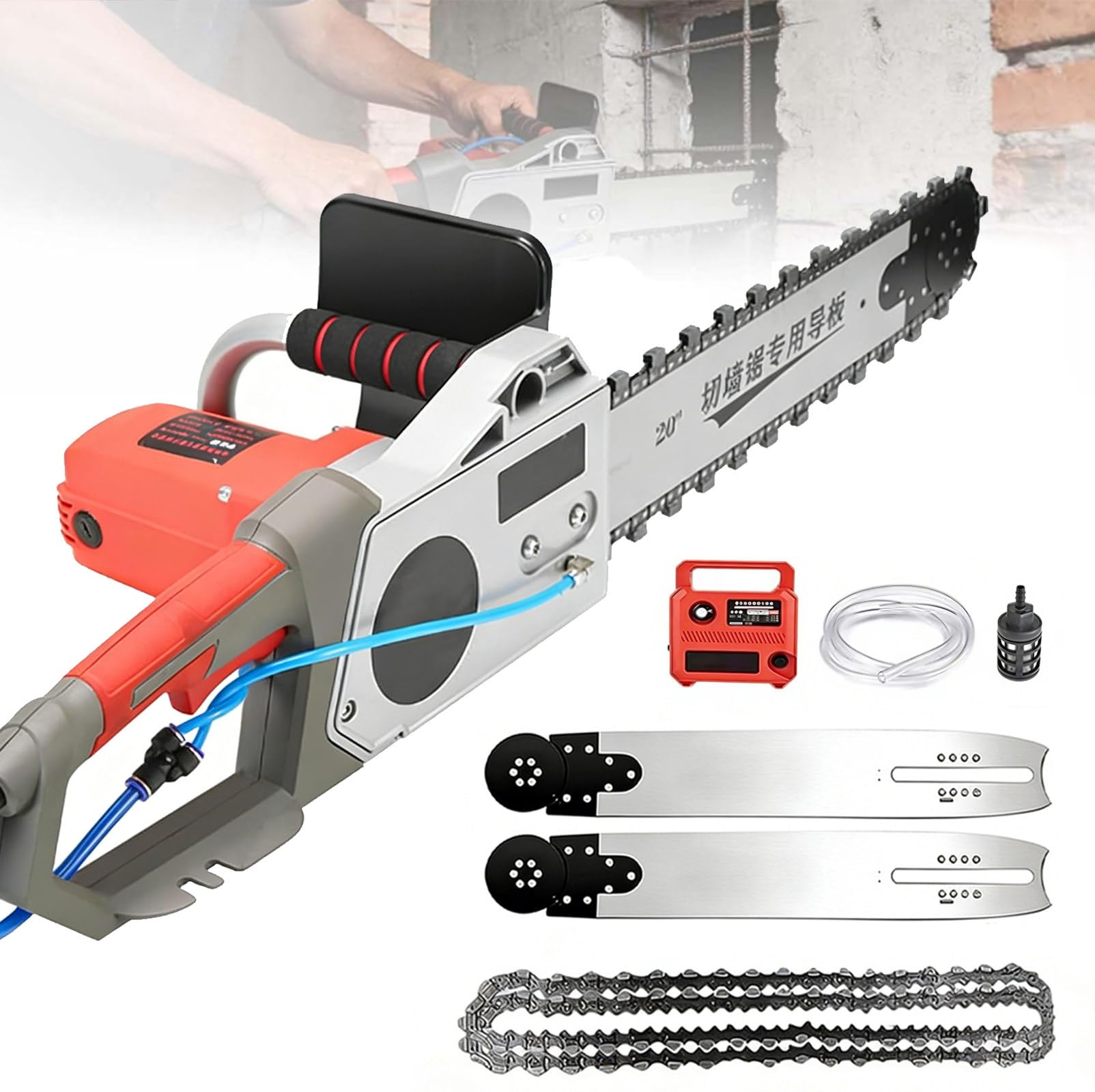 Motosierra eléctrica para muros, Equipo Industrial para Cortar hormigóncon,Ranuradora de muros, 2 Cadenas Diamante y 2 Barras guía para Granito, hormigón y Piedra 48cm
