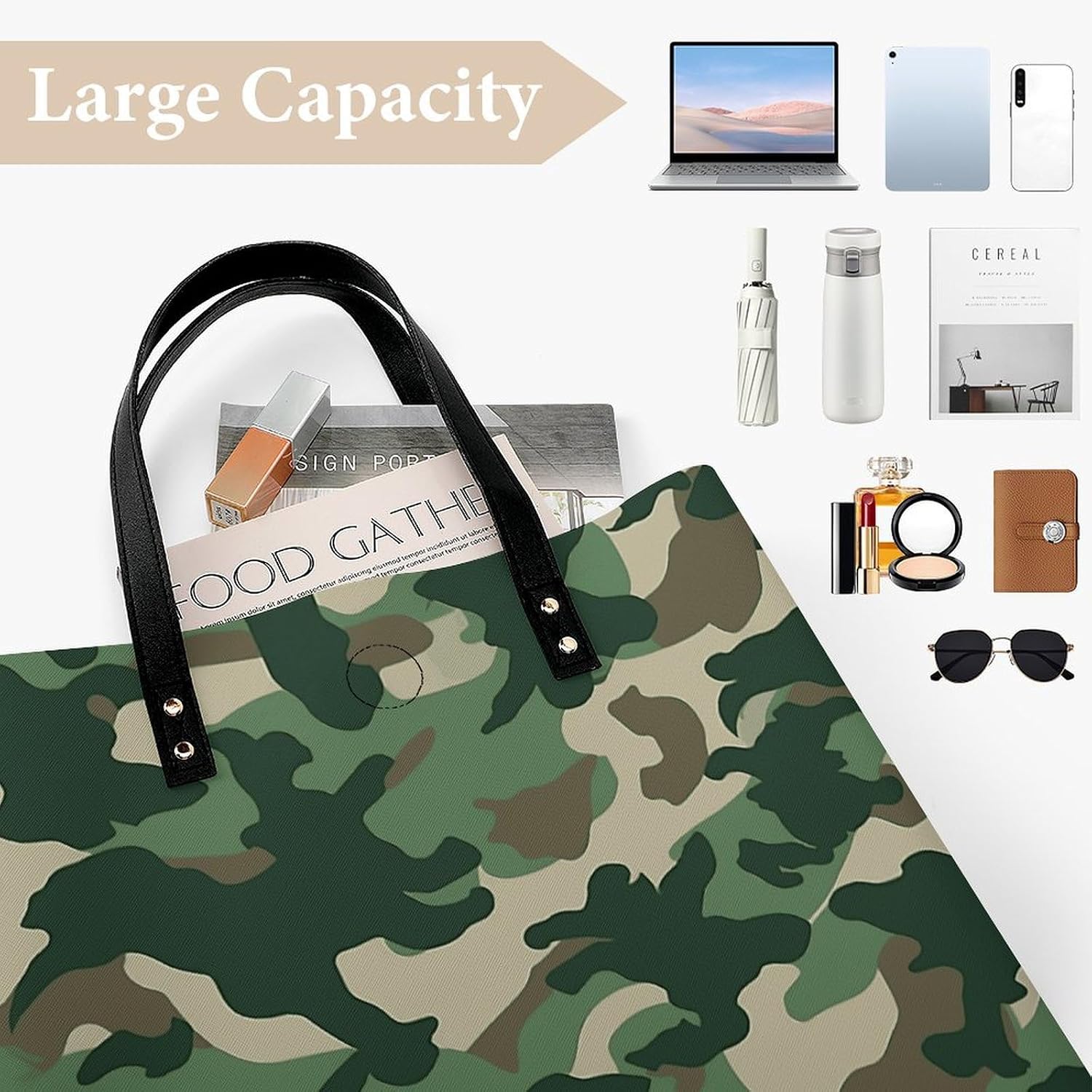 Camouflage Green Tote Bag with Magnetic Buckle Reusable Grocery Bags Lightweight Cross Body Handbag for Daily Essentials