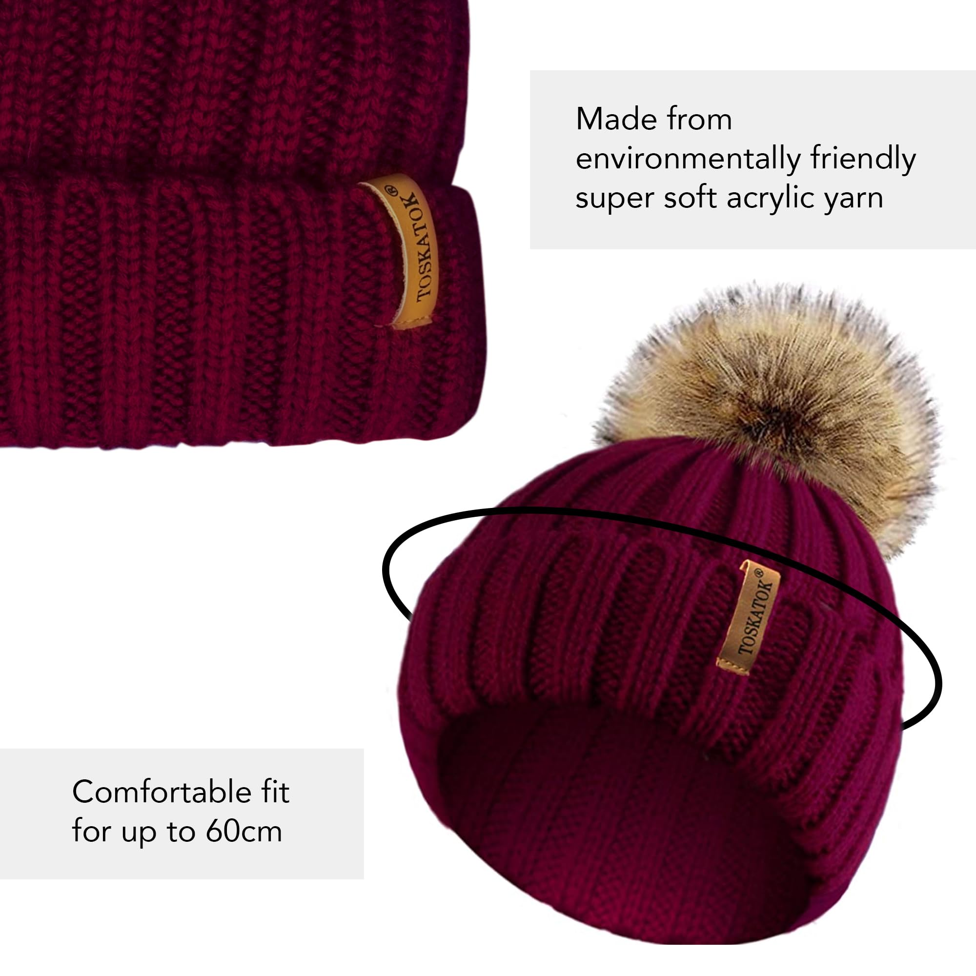 TOSKATOK® Cappello/Berretto Lavorato a Maglia Invernale Donna con Pelliccia Staccabile in Eco-Pelliccia Pesante Pom Pom