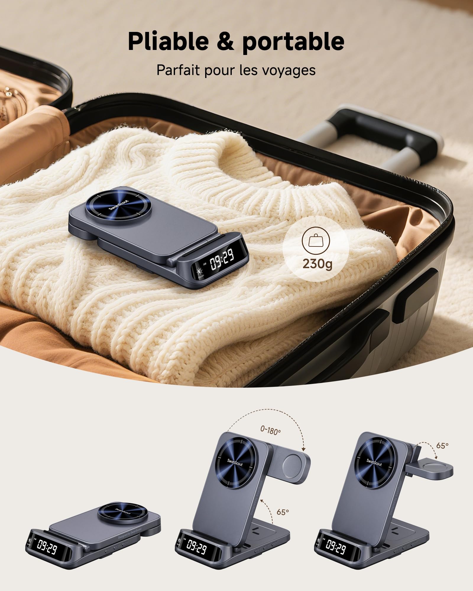 Magnétique Chargeur sans Fil pour Samsung Z Fold 8/Flip 8//S26/Watch 8 | 3 en 1 Station de Charge avec Horloge, Charge Magnétique, Design Pliable et Pratique, Uniquement pour Samsung Galaxy Watch