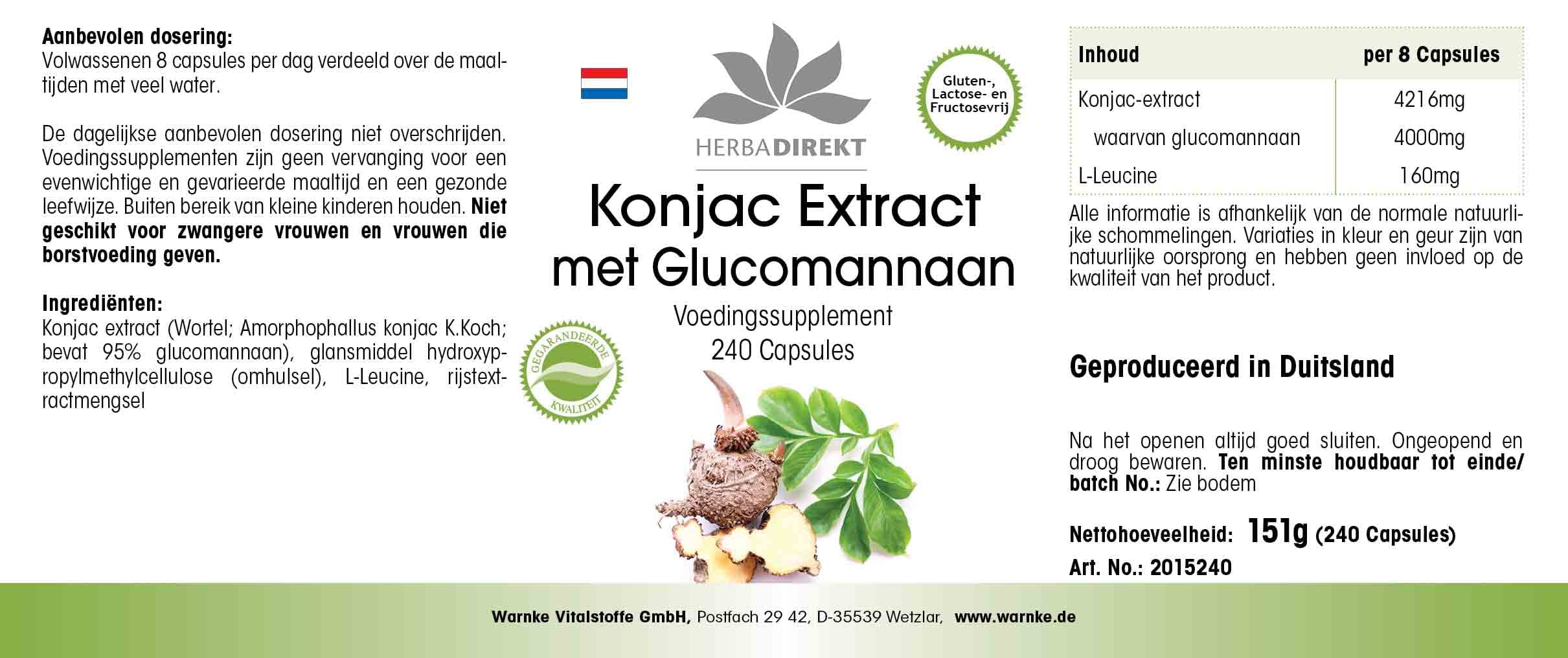Konjac 527 mg - Extrait - 240 gélules - Végétarien - Avec 95% de glucomannane | Herba Direkt - Qualité des pharmacies allemandes