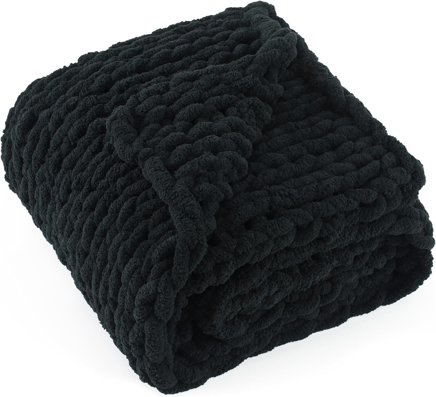 Chunky Knit Throw Blanket 50″X 60″, 100% Handmade with Soft Chenille Yarn, 4.4lbs Thick Cable Knitted Blankets, Large Rope Knot Crochet Throws for Couch Sofa Bed Home Decor, Black