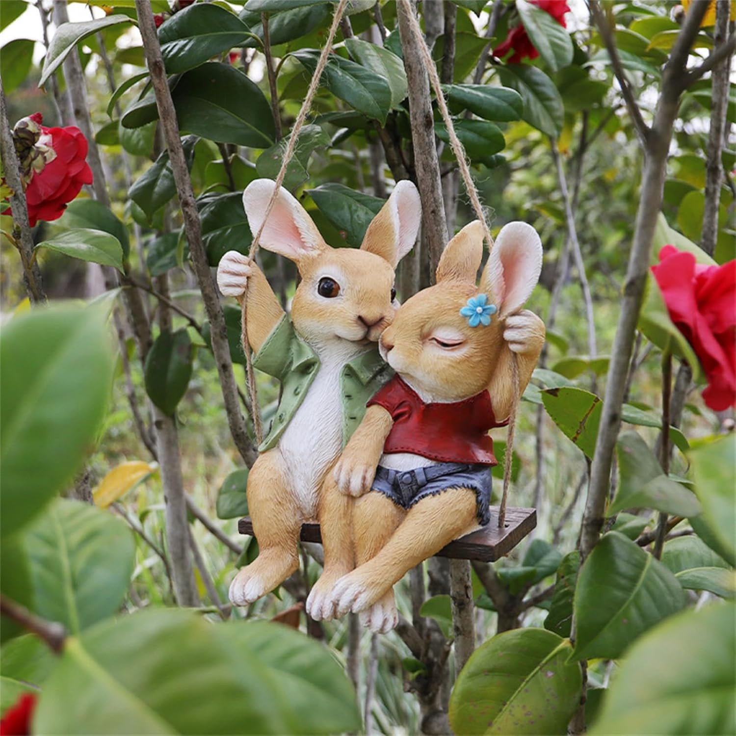 Lifelike Bunny Garden Statue,Funny Bunny Couple on Swing Figurines Statue,Outdoor Decorative Animals Figurine for Home Garden Yard Patio Lawn,Realistic Rabbit Sculpture Art