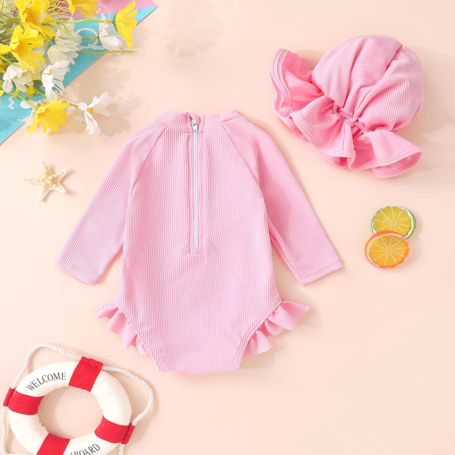YOUNGER TREE Infant Baby Girls Swimsuit Long Sleeve Swimsuits One Piece Swimsuit Solid Color Bathing Suit with Hat, UPF 50+ - Image 4