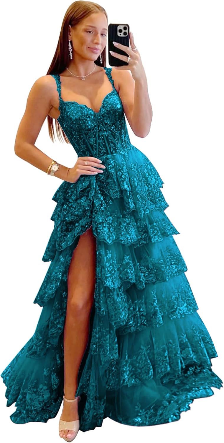 Off Shoulder Sequin Prom Dresses 2026 Tiered Lace Long Prom Dress for Teens Sparkly Formal Evening Gown with Slit