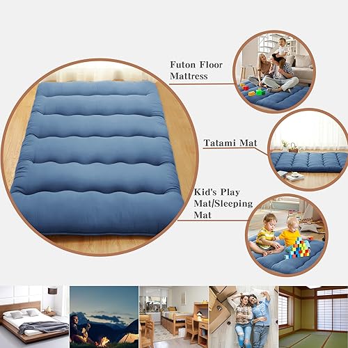 Miniatura 6 de ROYGROW Colchón de futón japonés para niños, colchón de futón japonés tamaño individual, tapete de tatami, colchón enrollable, color azul marino