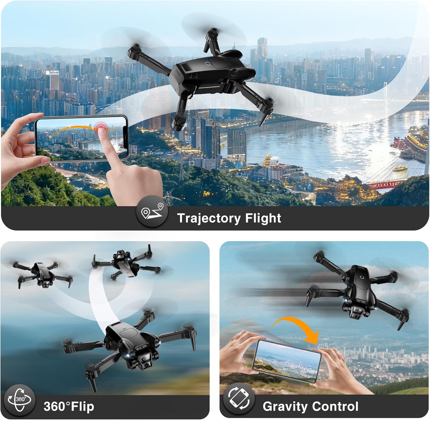 Drone with Camera 1080P HD,Mini Drone for Beginners Kids Adults,Foldable RC Quadcopter with Stable Hover,Trajectory Flight,One Key Take Off/Land,2 Batteries,Toys for Boys and Girls（Black)