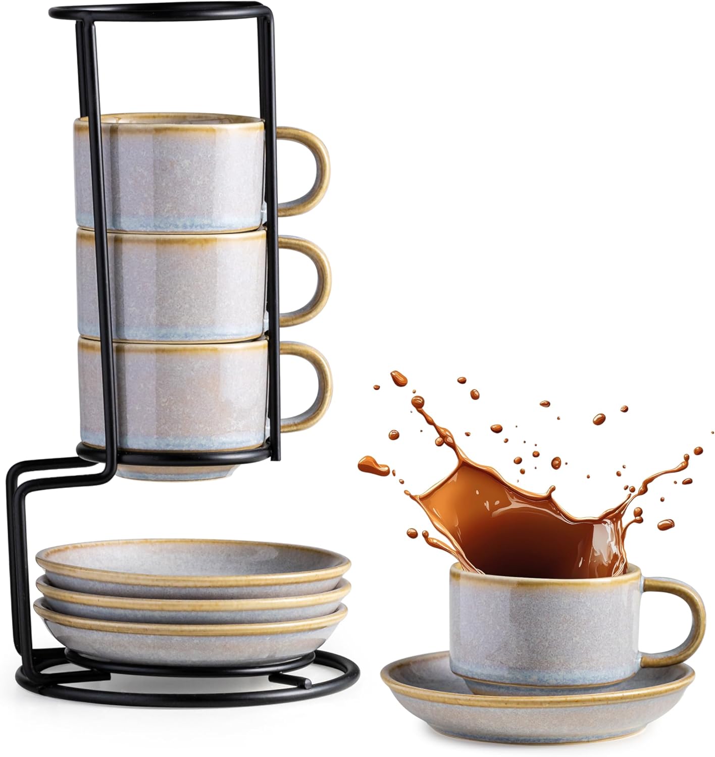 Gomakren Soup Spoons Set of 6, Asian Soup Spoons 6.5 Inch Ramen Spoons & Espresso Cups Set of 4, Small Stackable Coffee Cups with Saucers and Metal Stand