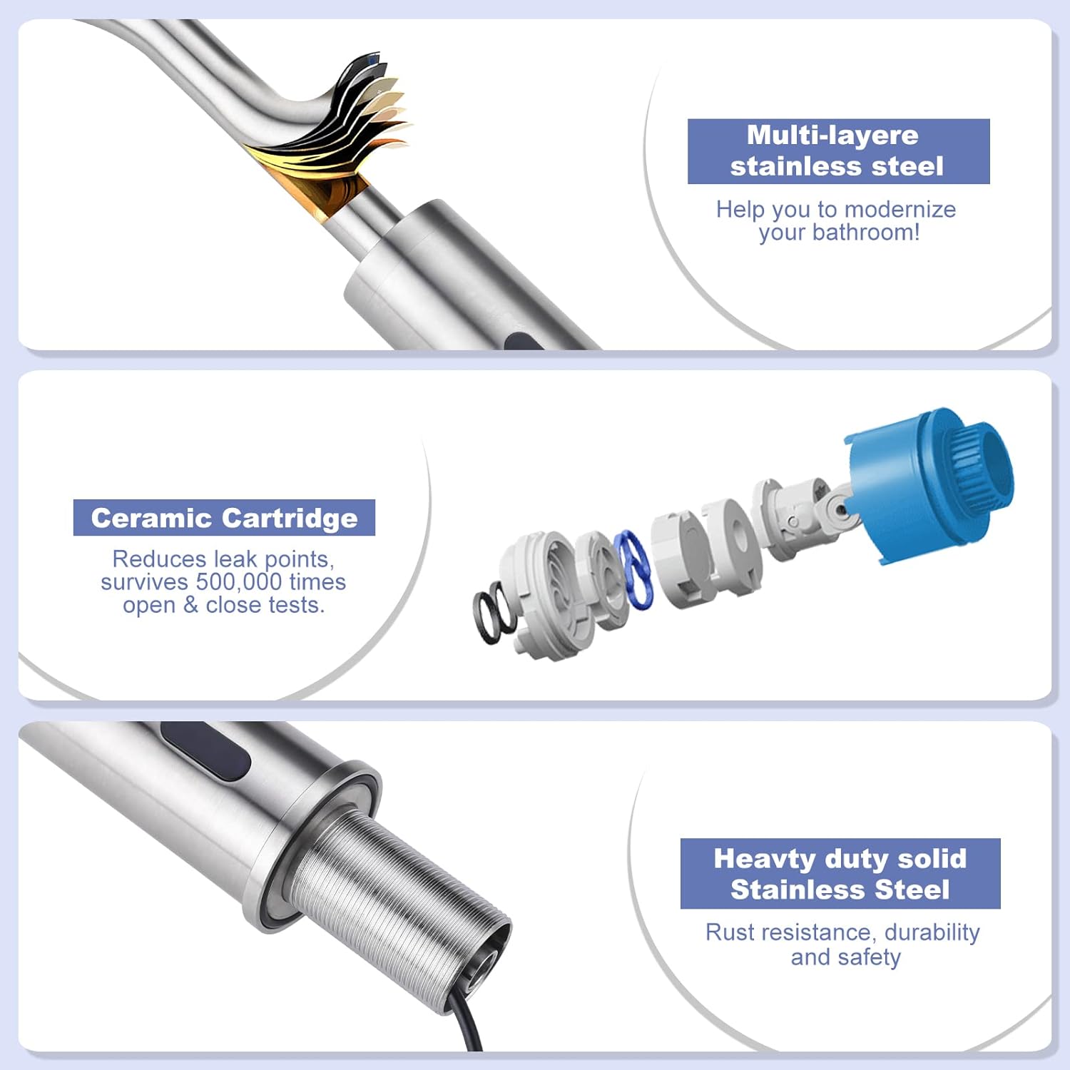 Automatic Touchless Bathroom Sink Faucet, WOWOW Motion Automatic Sensor Bathroom Faucet with Deck Plate, 1 or 3 Holes Motion Sensor Vanity Tap Hands Free Temperature Mixer, Brushed Nickel