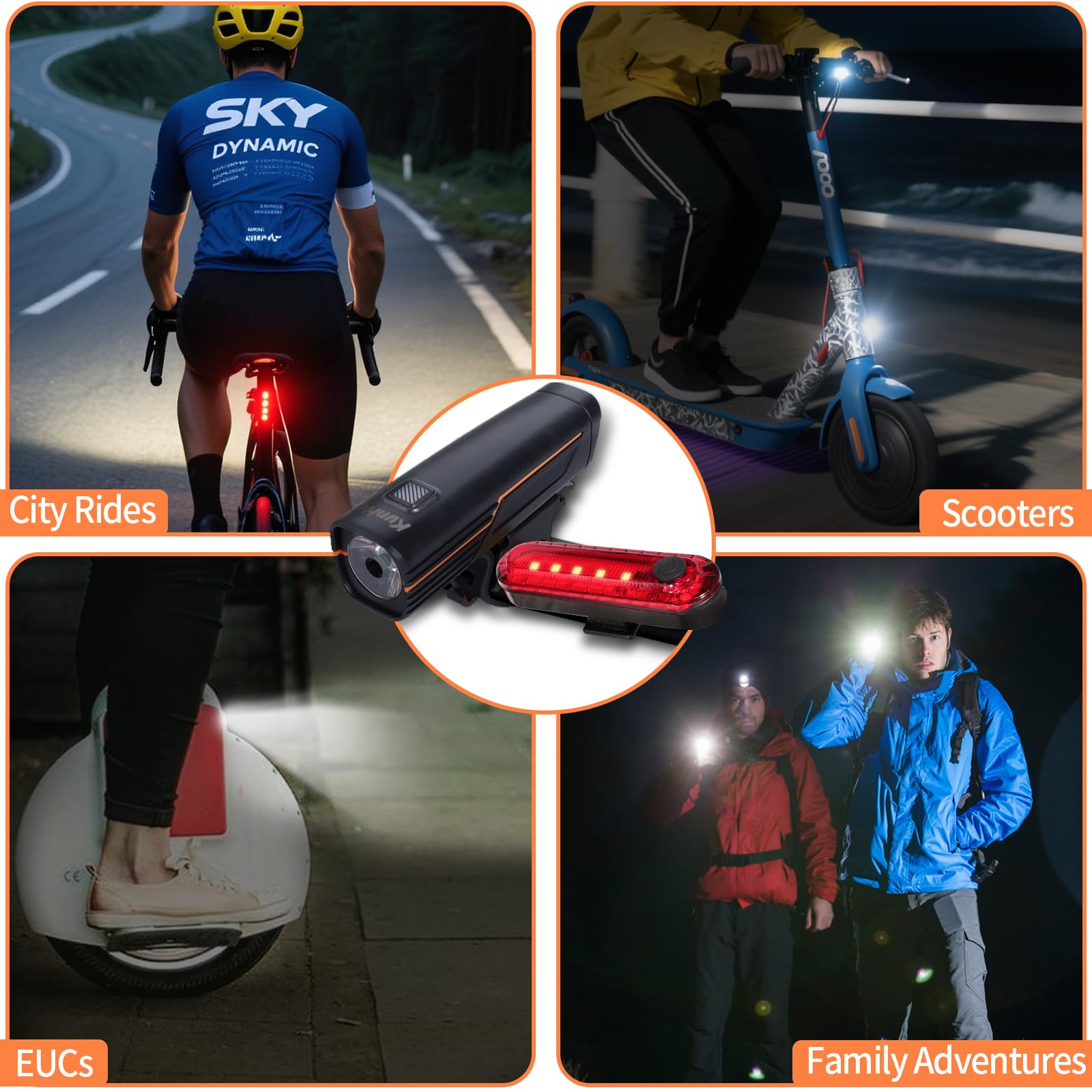 KunHe Lot de 1 ou 2 lampes de vélo 227 lumens 1600 mAh rechargeables avant et arrière avec étanchéité IPX4 4 modes pour cyclisme de nuit
