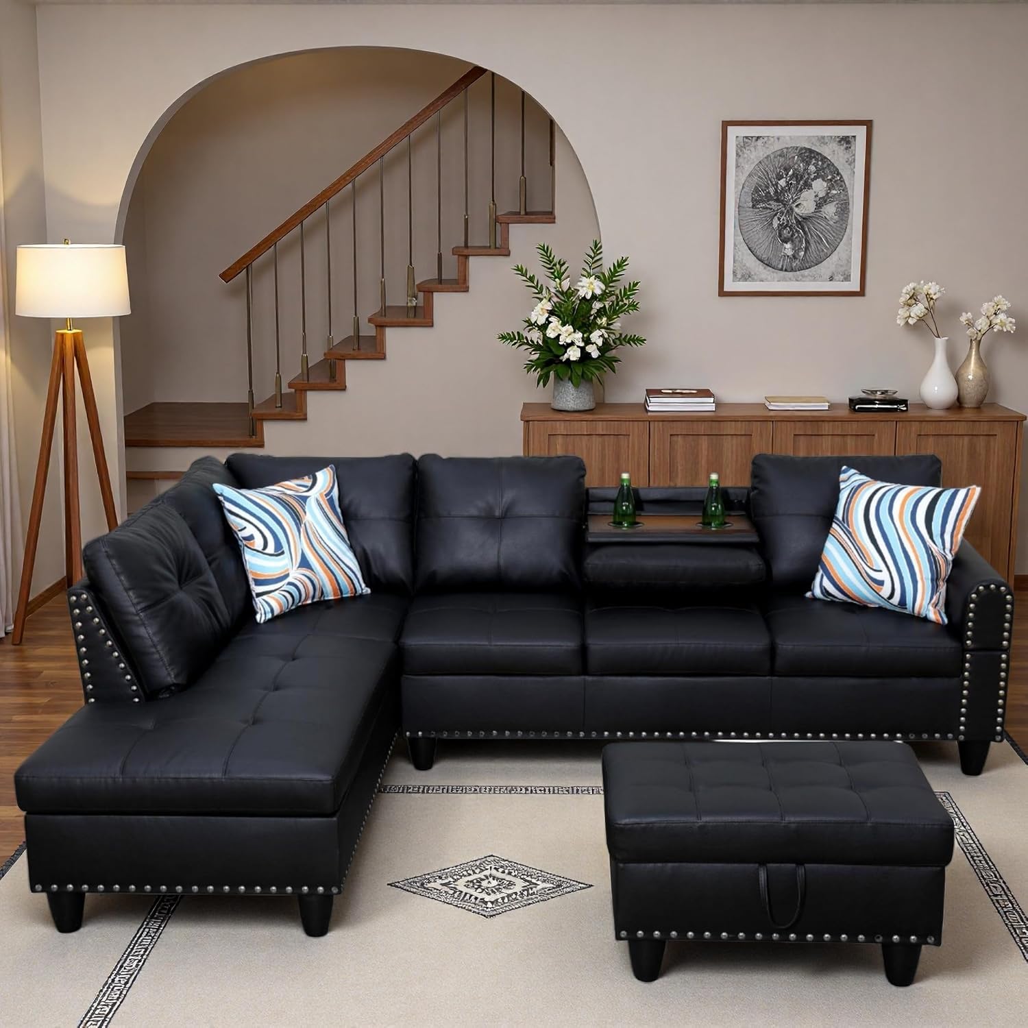 Photo 1 of Topcomfy 97.5" L Shaped Couch Set, Modular Sectional Couches for Living Room with Storage Ottoman, 4 Seat Home Sofa Living Room Furniture Sets with Chaise for Apartment Office (Leather, Black)