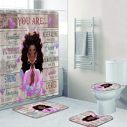 Miniatura 2 de NEWSUYAA Juego de 4 cortinas de ducha para niñas negras con alfombras de baño, estilo rústico africano, para mujer, impermeables, para cubrir el