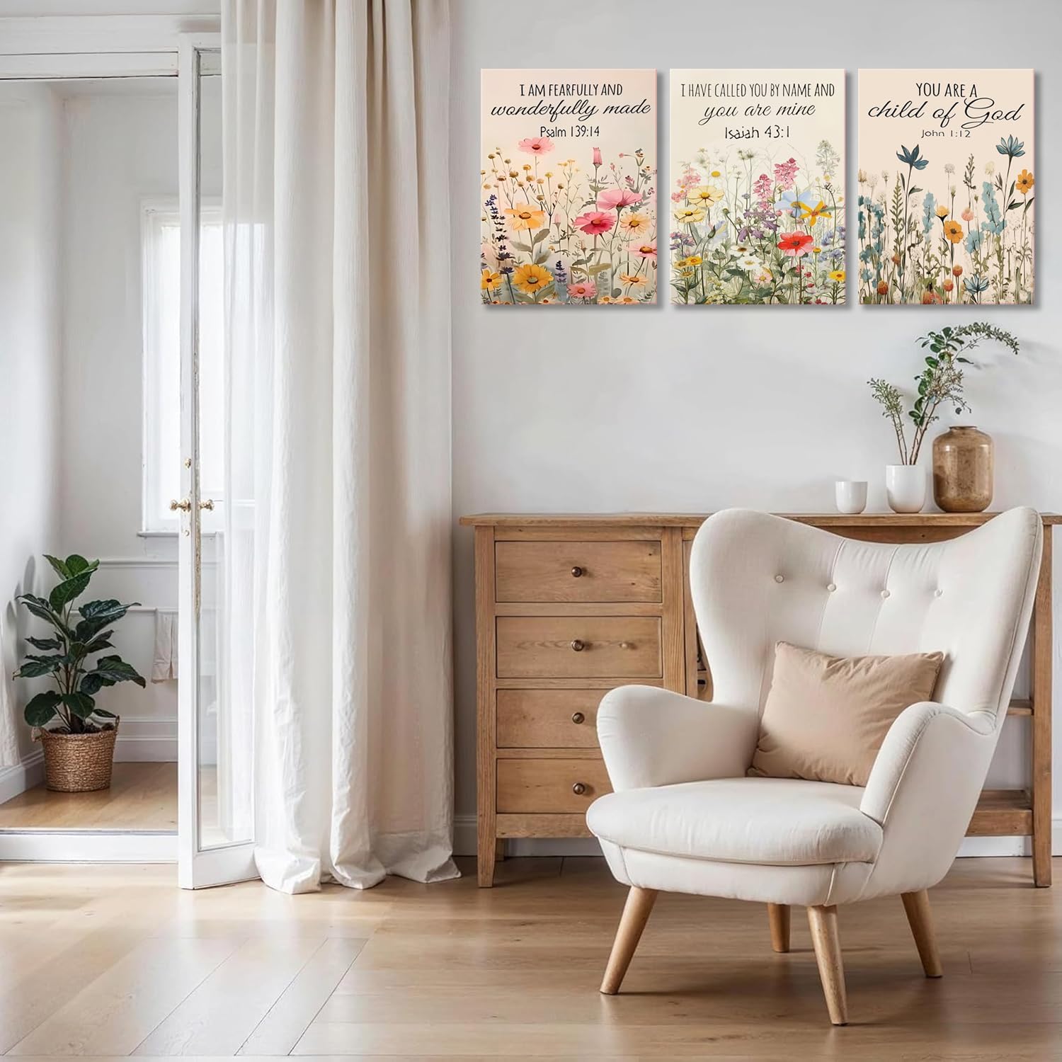3Pcs Christian Floral Scripture Canvas Wall Art, Wildflower Bible Verse Posters Wall Decor, Psalm Religious Faith Art Pictures Prints for Living Room Bedroom Decorations 16x24in Framed