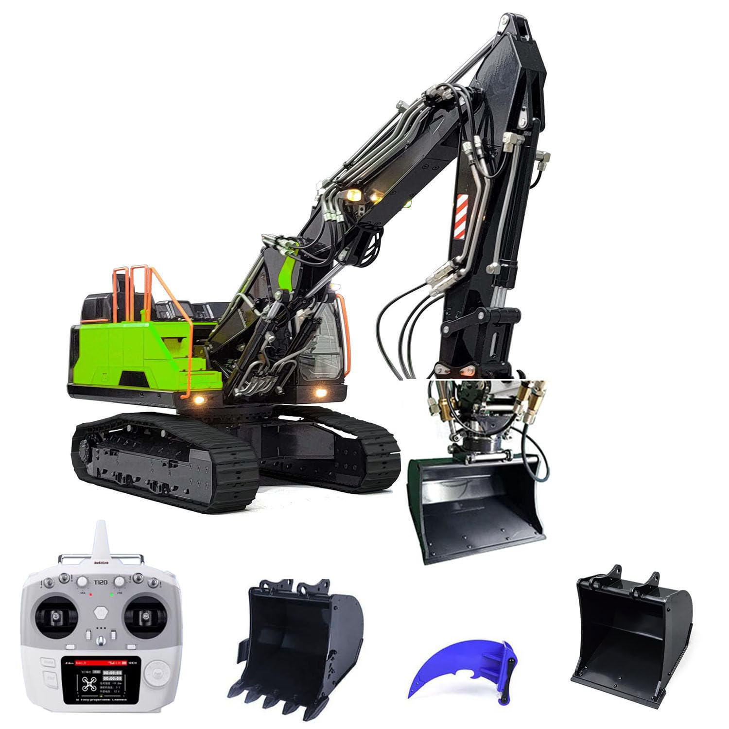 Escavatore idraulico EC380 RC 1/14 in metallo cingolato 3 braccia telecomando scavatori per hobby adulto (verde)