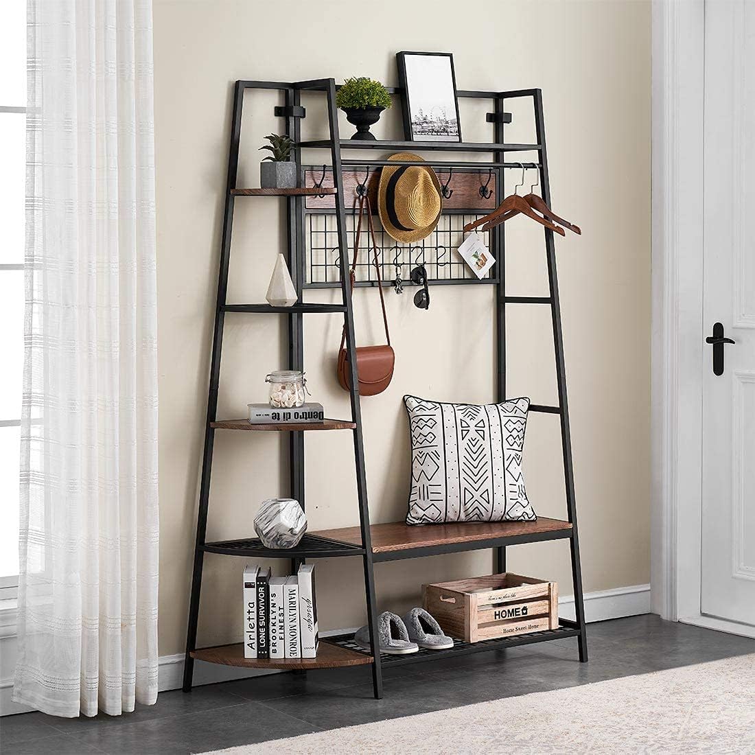 O&K FURNITURE Entryway Bench with Coat Rack, Hall Tree with Storage Bench and Shelves, Coat Rack Stand with Shoe Rack, Brown : Home & Kitchen